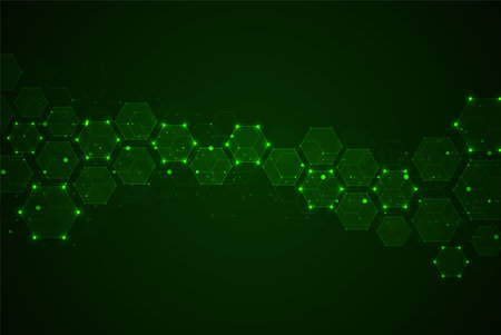 Hexagons pattern on green background. Genetic research, molecular structure. Chemical engineering. Concept of innovation technology. Used for design healthcare, science and medicine backgroundのイラスト素材