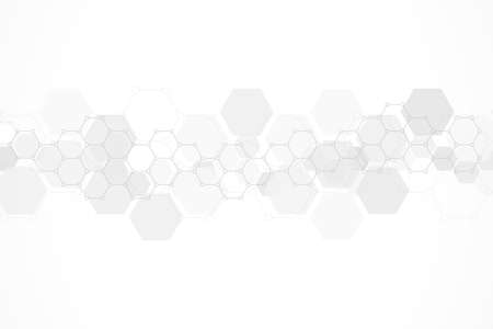 Hexagons pattern on gray background. Genetic research, molecular structure. Chemical engineering. Concept of innovation technology. Used for design healthcare, science and medicine backgroundのイラスト素材