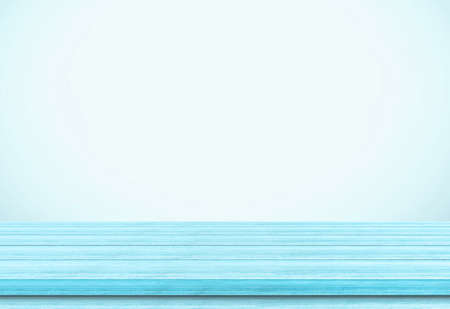 Empty blue wood table top blue background