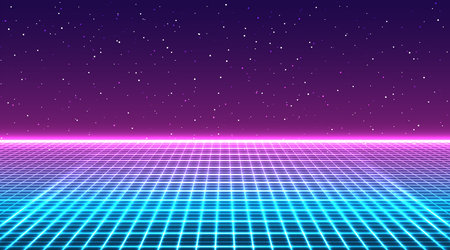Retro futuristic neon grid background. Perspective gridのイラスト素材