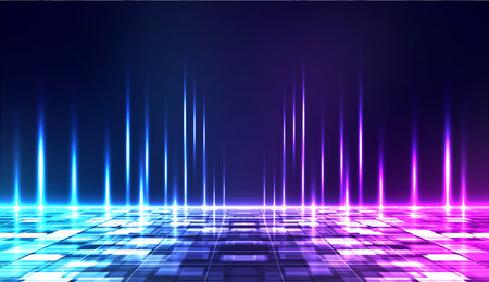 Retro cyberpunk style background. Sci-Fi background. Neon light grid landscapes. 80s, 90sのイラスト素材