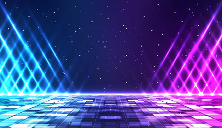 Retro cyberpunk style background. Sci-Fi background. Neon light grid landscapes. 80s, 90sのイラスト素材