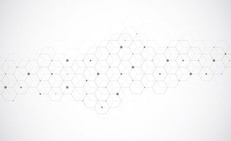 Hexagons pattern on gray background. Genetic research, molecular structure. Chemical engineering. Concept of innovation technology. Used for design healthcare, science and medicine backgroundのイラスト素材