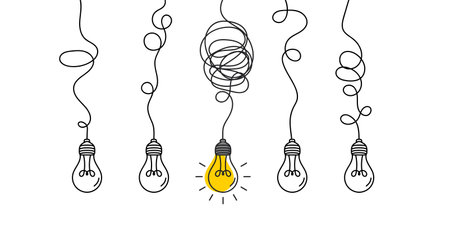 Hanging light bulbs with one glowing on white background. Concept of ideaのイラスト素材