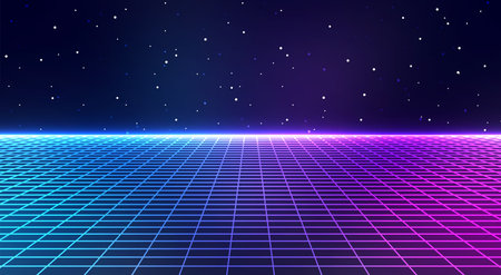 Retro cyberpunk style background. Sci-Fi background. Neon light grid landscapes. 80s, 90sのイラスト素材