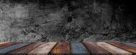 Empty brown wood table top on gray loft wall background . Template mock up for display of product