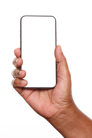 Women hand holding smartphone with blank screen isolated on while backgroundの写真素材