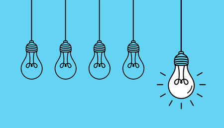 Hanging light bulbs with one glowing on blue background. Concept of ideaのイラスト素材