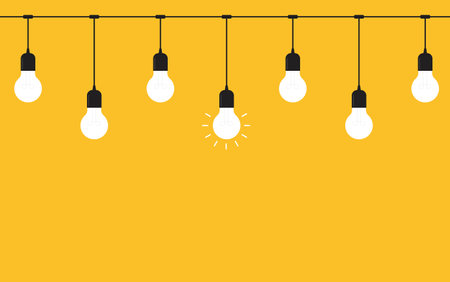Hanging light bulbs with glowing one on a yellow backgroundのイラスト素材