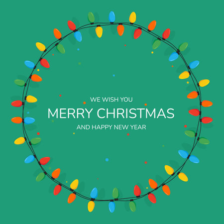 Christmas cards. Christmas color lights on a green backgroundのイラスト素材