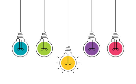 Multicolor hanging light bulbs on white background. Continuous line drawing light bulb. Concept of ideaのイラスト素材