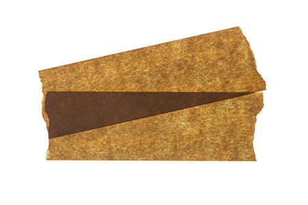 Two overlapping pieces of torn brown masking tape on white backgroundの写真素材
