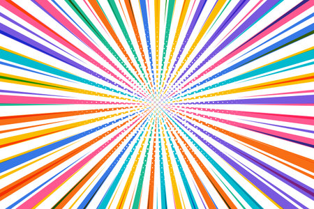 Vibrant radial burst with multicolor beams and halftone dots, ideal for comic book themes, fun pop art, or dynamic background design.のイラスト素材