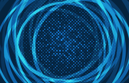 Abstract blue circular halftone background with glowing swirl lines and dotted texture, perfect for technology themes and modern digital concepts.のイラスト素材