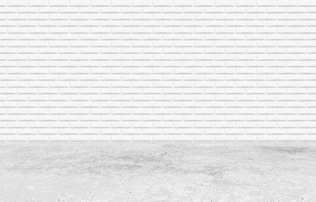 Minimal white brick wall with cement floor, perfect for product presentation, banner template, or advertising mockup scene.の写真素材