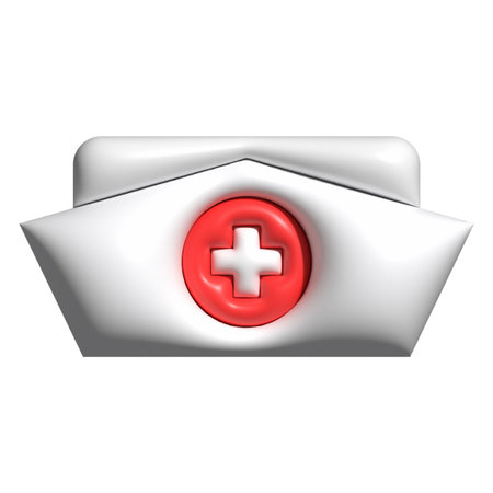 Glossy 3D nurse hat icon in white with cross emblemの写真素材
