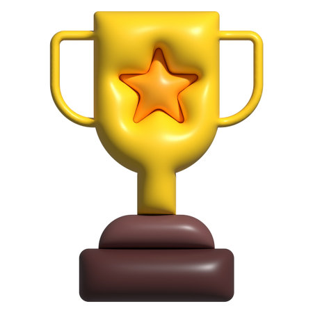 Glossy 3D trophy icon with golden star in center and twin handlesの写真素材