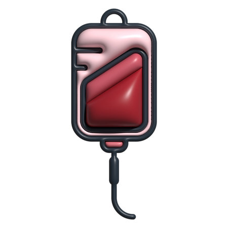 Glossy 3D blood bag icon with smooth red liquid inside a soft pink containerの写真素材