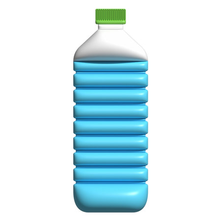 Glossy 3D water bottle icon filled with blue liquid and sealed with green capの写真素材