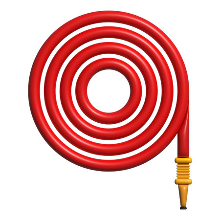 3D fire hose reel icon with coiled red tube and golden nozzleの写真素材