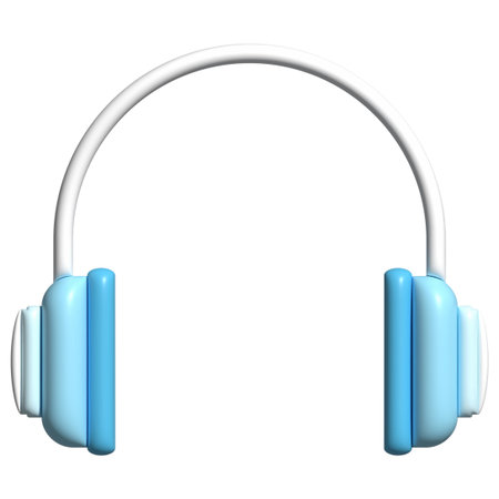 Glossy 3D headphones icon with soft blue earcups and white headband, rendered in modern and minimal audio styleの写真素材
