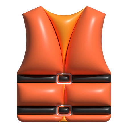 Glossy 3D life jacket icon in bright orange with black safety strapの写真素材