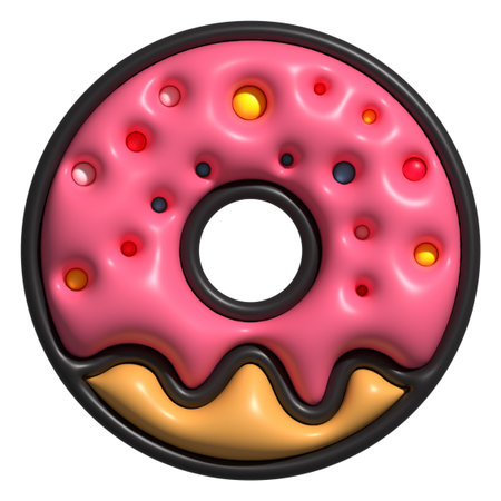 Glossy 3D donut icon with pink frosting and colorful sprinkles on top, rendered in playful and delicious style.の写真素材