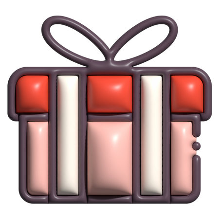 Glossy 3D gift box icon with soft red and pink wrapping and white ribbonの写真素材