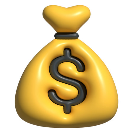 Glossy 3D money bag icon in gold color with embossed dollar signの写真素材