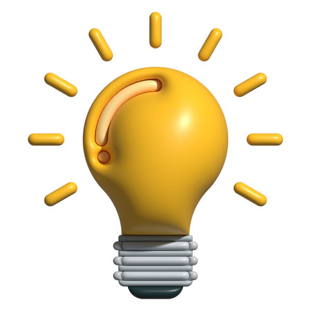 Glossy 3D light bulb icon glowing in yellow with radiant beamsの写真素材