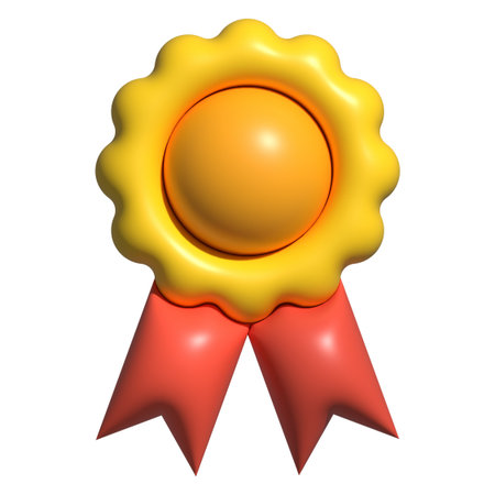 Glossy 3D award ribbon icon with golden badge and red tailsの写真素材