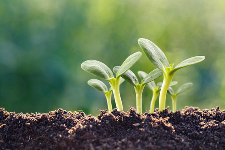 Cluster of green seedlings emerging from rich soil, symbolizing growth, sustainability, and nature,...