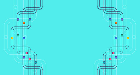 Symmetrical curved black lines with colorful dots create a modern border frame on a bright blue background, perfect for infographics and layouts.のイラスト素材
