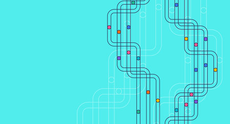 Symmetrical curved black lines with colorful dots create a modern border frame on a bright blue background, perfect for infographics and layouts.のイラスト素材