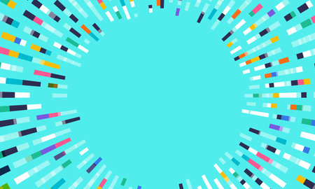 Vibrant radial burst of multicolored bars forming a circular frame on cyan background, perfect for tech, digital, data, or futuristic concepts.のイラスト素材