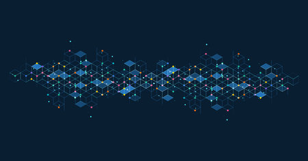 Modern hexagonal geometric wave with glowing effects, ideal for technology themes, innovation, and digital transformation visuals.のイラスト素材