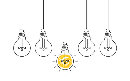 Hanging light bulbs with one glowing on white background. Continuous line drawing light bulb. Concept of ideaのイラスト素材