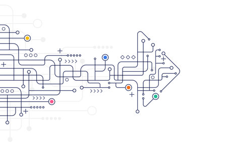 Complex arrow-shaped map with multicolor circuit lines and symbols, representing progress, connection, and strategic direction on minimal background.のイラスト素材