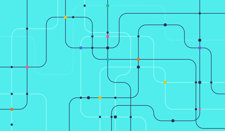 Stylized metro map with colorful curved lines and dots on cyan background, perfect for infographic, transit, or smart city design themes.のイラスト素材