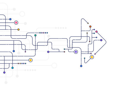 Complex arrow-shaped map with multicolor circuit lines and symbols, representing progress, connection, and strategic direction on minimal background.のイラスト素材