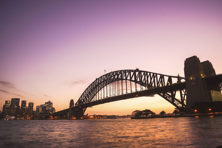 Sydney Harbour Bridge on colourful twilight sky. The Harbour Bridge is the world's widest long-span bridge. Australia:10/04/18のeditorial素材