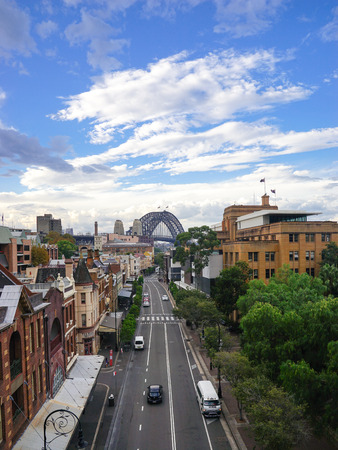 view of George Street in the Rocks, the historic district of Sydney, the harbour Bridge in the background.のeditorial素材