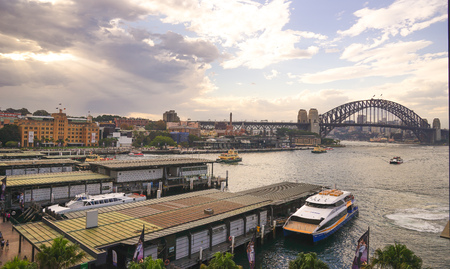 Circular quay wharf with the view of Sydney harbour bridge and opera house in background, which the most famous landmarks of the world. Australia:02/04/18のeditorial素材