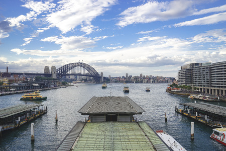 Circular quay wharf with the view of Sydney harbour bridge in background, which the most famous landmarks of the world. Australia:02/04/18のeditorial素材