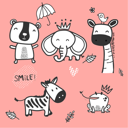 doodle cute wild animal character, zebra, elephant, bear, fog and giraffe on pink backgroundのイラスト素材