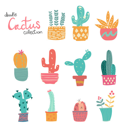 cute doodle hand drawn pastel cactus collectionのイラスト素材