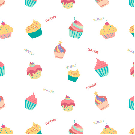 doodle hand drawn rainbow cute cup cake seamless patternのイラスト素材