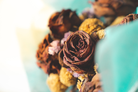 close up withered rose in blue bouquet, vintage stlye, memory, romance coceptの写真素材