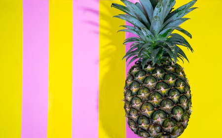 close up a whole fresh ripe pineapple on stripes yellow and pink background, copy space, fancy...