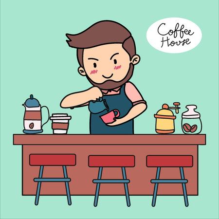 doodle hand drawn barista pouring latte art in coffee shopのイラスト素材